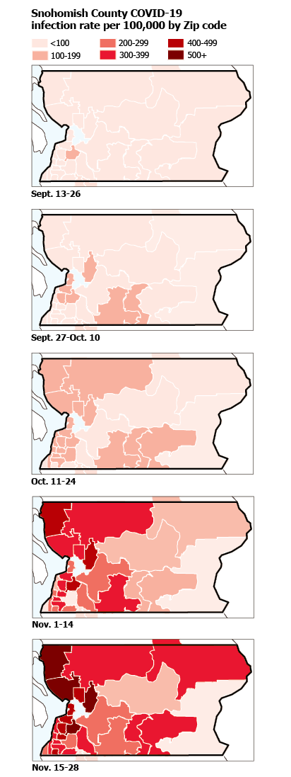 Snohomish County COVID-19 infection rate per 100,000 by Zip code
